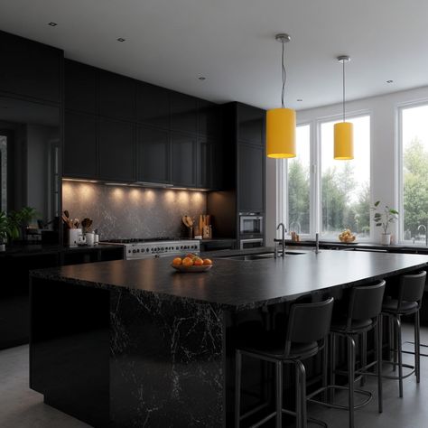 17+ Kitchens Featuring A Black Island – radientlyrawkitchen Hosting Brunch, Black Island, Black Kitchen Island, Kitchen Games, Design Your Kitchen, Red Pendants, White Countertops, Cozy Farmhouse, Wooden Stools