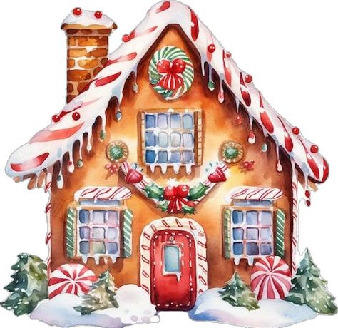 Gingerbread House Clipart, PNG Digital Download File, Watercolor Christmas Digital Design, Printable Art Decoration Creche, Gingerbread Christmas Decor, House Clipart, Illustration Noel, Christmas Gingerbread House, Seni Cat Air, House Drawing, Christmas Drawing, Christmas Paintings