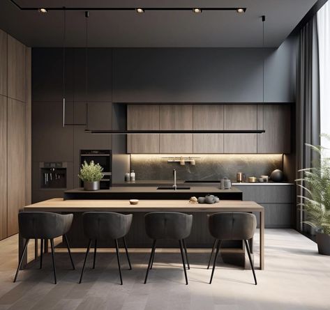 Modern Kitchen With Waterfall Island, Modern Dark Wood Kitchen, Dark Kitchen Island, Kitchen Cabinet Lighting, Dark Wood Kitchen, Dark Wood Kitchen Cabinets, Black Kitchen Design, Dark Wood Kitchens, Elegant Kitchen Design