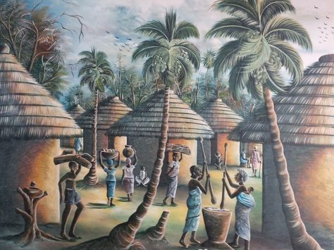 Gorgeous artistic beautiful village #art #creative #Nigerian #village #beautiful #drawing #painting #Artistic #women #poundingyam #babiesonback #people African Village Photography, African Village Art, African Art Paintings Culture, African Village Painting, Nigerian Landscape, Nigerian Village, African Fairy, Village Pictures, Nigerian Art