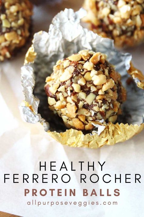 Try this healthier version of Ferrero Rocher chocolates made with just 5 ingredients. Packed with protein, nutrients, and fiber, they make a guilt-free and delicious snack!  #proteinballs #ferrerorocher #healthysnacks Churro Protein Balls, Ferrero Rocher Dessert, High Protein Snack Recipes, Homemade Snacks Recipes, Protein Balls Healthy, Energy Bars Recipe, Ferrero Rocher Chocolates, Meal Prep Snacks, Sugar Free Treats