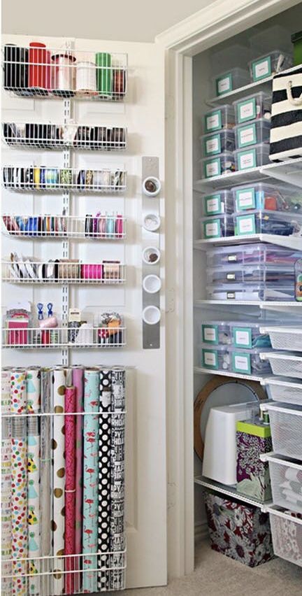 Small Craft Cupboard Organization, Cloffice Storage Ideas, Craft Space In Closet, Small Craft Closet Ideas, Small Craft Closet Organization, Craft Room Organization Hacks, Craft Room Organization Diy Small Spaces, Closet Craft Storage, Garage Craft Space