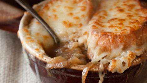 French Onion Baked Brie Is Like The First Gooey Bite Of Soup From Start To Finish Soup Vegan, Gooey Cheese, Baked Brie, French Onion Soup, French Onion, Onion Soup, Oven Baked, Brie, Soups And Stews