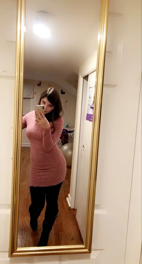 Pink dress, opaque tights, black boots #christmas #outfits #ootd #winter Pink Dress With Black Tights, Pink Dress Winter Outfit, Pink Dress Black Boots, Dress With Black Tights, Dress Winter Outfit, Dress Black Boots, Dresses With Black Tights, Ootd Winter, Winter Dress Outfits