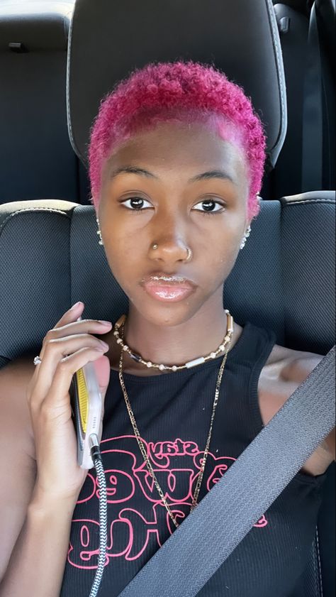 Pink Haircut Black Women, Pink 4c Natural Hair, Pink Twa Natural Hair, Short Pink Curly Hair Black Women, Hairstyles For Short Relaxed 4c Hair, Pink Short Natural Hair, Short Hair Pink Color, Short Pink Hair Black Women, Pink Buzzcut Woman