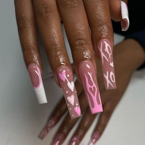 Long Baby Pink Acrylic Nails, Nail Tech Aesthetic Job, Retro Acrylic Nails, Braiding Nails, Nails With Cross Design, Pink Vday Nails, Valentines Day Nails Baddie, Mat Nails, Exotic Nail Designs