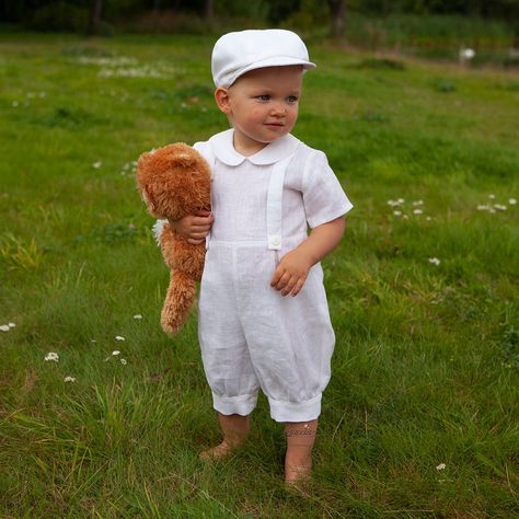 Baby Boy White Outfit, Boys Church Outfit, Baby Boy Linen, Suspenders Outfit, Baby Suspenders, White Linen Suit, Linen Overalls, Suspenders For Boys