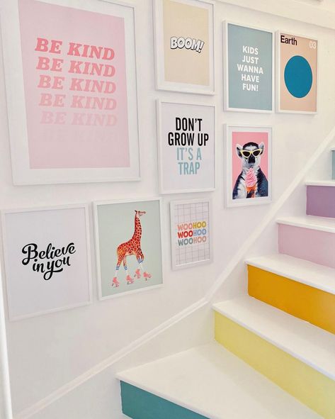 Pastel rainbow stairs #rainbowstairs #rainbowinterior #colourfulstairs #paintedstairsideas #paintedstairs #colourfulinteriors #colourfulhomes Colourful Stairs, Rainbow Stairs, Kids Room Rainbow, Rainbow Interior, Playroom Inspiration, Landing Ideas, Basement Playroom, Painted Stairs, Modern Staircase