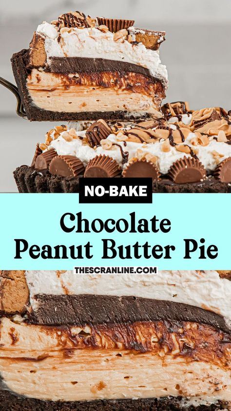 No-Bake Chocolate Peanut Butter Pie - The Scranline: Impressive desserts to quick and simple dinner ideas! Reese's Recipes, Cinnamon Roll Pancakes Recipe, Whipped Cream Chocolate, Peanut Butter Frosting Recipe, Salted Peanuts, Chocolate Ganache Recipe, Chocolate Peanut Butter Pie, Impressive Desserts, Ganache Recipe