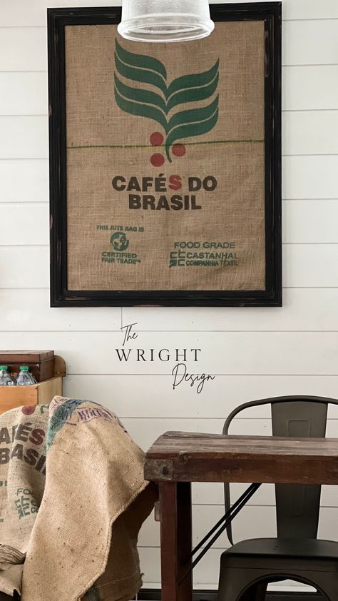 Coffee Sack Ideas, How To Frame A Coffee Sack, Coffee Bags Burlap Decor, Coffee Bean Burlap Bags Decor, Framed Coffee Sack Burlap, Burlap Coffee Bags, Coffee Bean Bags, Coffee Sack, Burlap Signs