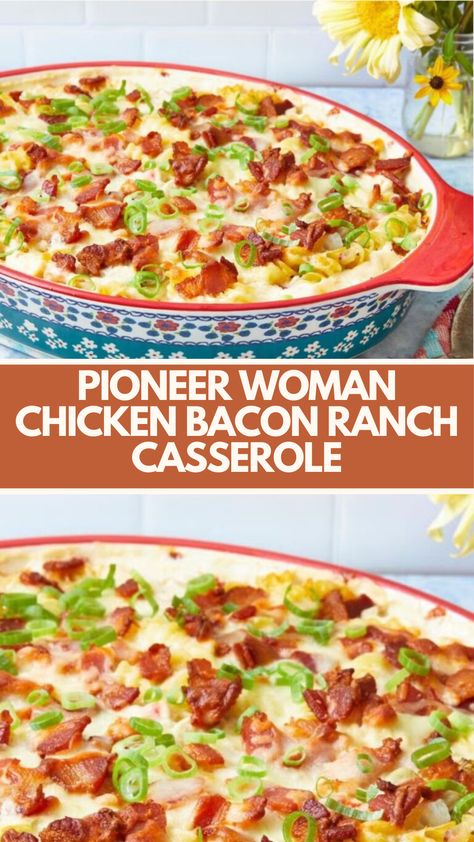 Pioneer Woman Chicken Bacon Ranch Casserole is made with rotini pasta, crispy bacon, rotisserie chicken, cream cheese, ranch seasoning, mozzarella cheese, and pimentos.

This easy and healthy Chicken Bacon Ranch Casserole recipe creates an easy dinner that takes about 45 minutes to prepare and serves up to 6 people. Chicken Bacon Ranch Tater Casserole, Chicken Bacon Ranch Recipes Easy Dinners, Healthy Chicken Bacon Ranch Casserole, Recipes With Ranch Seasoning Packet, Chicken Recipes With Rotisserie Chicken, Dishes With Rotisserie Chicken, Pulled Chicken Casserole Recipes, Chicken Bacon Ranch Pasta Crockpot, Meals To Make With Rotisserie Chicken