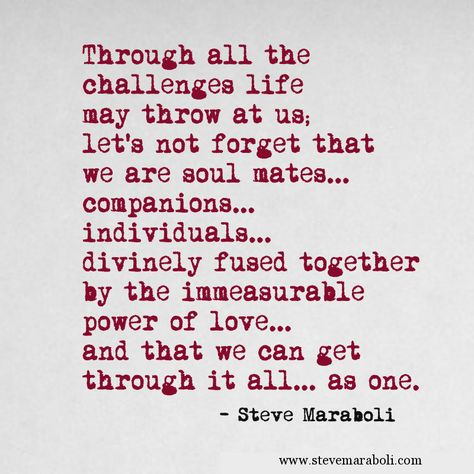 "Through all the challenges life may throw at us; let’s not forget that we are soul mates… companions… individuals… divinely fused together by the immeasurable power of love… and that we can get through it all… as one." - Steve Maraboli Steve Maraboli, Together Quotes, What's True Love, The Human Experience, Soul Mates, Human Experience, About Love, Love Words, Love And Marriage