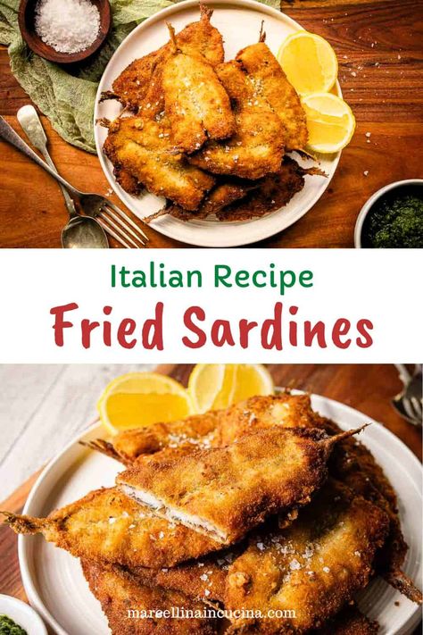 Crispy Fried Sardines are a decadent appetizer or satisfying summer lunch!rnThis classic Italian recipe is flavored with lemon, parsley, oregano and garlic and fried until perfectly golden brown. You’ll adore every satisfying bite! #FriedSardines #ItalianFriedSardines #FriedSardinesRecipern Canned Sardines Recipes, Sardines Recipes, Fried Sardines, Antipasto Recipes, Italian Fish, Italian Appetizer, Bread Crumbs Recipe, Italian Antipasto, Sardine Recipes