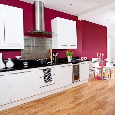 high gloss white kitchen with raspberry pink feature wall Raspberry Kitchen Walls, Raspberry Kitchen, Pink Feature Wall, Gloss White Kitchen, Pink Kitchen Walls, High Gloss White Kitchen, Red Kitchen Walls, Kitchen Set Cabinet, Murs Roses