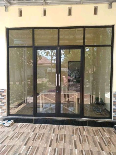 Almunium Doors Design, Aluminium Glass Door Design, Sliding Aluminium Doors, Pintu Sliding Kaca Aluminium, Glass Door With Grill, Timber Cladding Exterior, Commercial Exterior Doors, Aluminium Partition, Kusen Alumunium