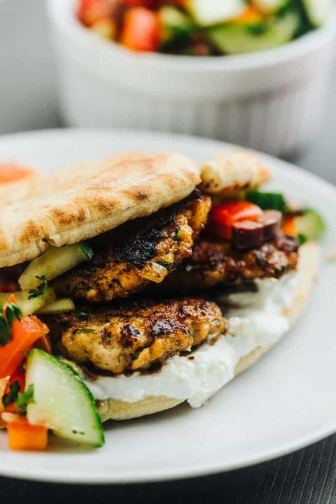 Greek Style Turkey Burgers with Whipped Feta Cheese Spread Paleo Camping Food, Cucumber Relish, Easy Meal Planning, Camping Food Make Ahead, Greek Turkey, Camping Meal Planning, Greek Turkey Burgers, Best Camping Meals, Camping Dishes