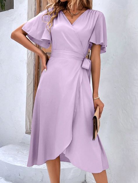 Lilac Purple Elegant Collar Short Sleeve Fabric Plain A Line Embellished Non-Stretch  Women Clothing Butterfly Sleeve, Lilac Dress, Flounce Sleeve, Butterfly Sleeves, Hem Dress, Dress P, Black Fashion, Wrap Dress, Lilac