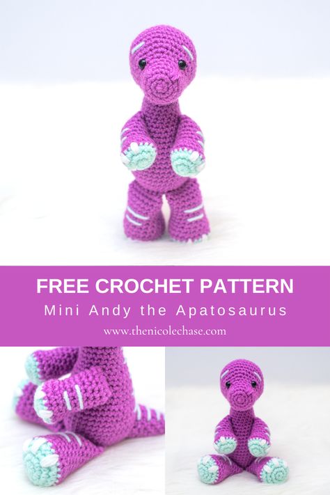 Mini Andy the Apatosaurus - Free Dinosaur Crochet Pattern — Nicole Chase Kindness Crochet, Free Dinosaur Crochet Pattern, Nicole Chase, Crochet Dinosaur Pattern Free, Crochet Dinosaurs, Dinosaur Crochet Pattern, Diy Crochet Amigurumi, Free Crochet Patterns For Beginners, Dinosaur Patterns