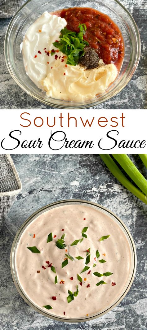 Smoky, creamy, and oh-so-delicious, my sour cream sauce recipe can be made with just a few ingredients you probably already have! #sourcreamsauce #sauce #sourcream #saucerecipe #condiment #southwestsauce #keto #lowcarb #glutenfree #easyrecipes #dippingsauce Flavored Sour Cream, Creamy Taco Sauce, Chicken Tacos Recipes, Tacos Crockpot, Make Sour Cream, Dipping Sauces For Chicken, Cream Sauce Recipe, Sour Cream Dip, Mexican Sauce