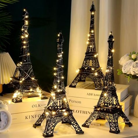 Briwooody 4 Pcs Eiffel Tower Statue Decor 15 Inch 10 Inch Metal Collectible Figurine Paris Themed Eiffel Tower Cake Topper with 2 Light Strings for Party Table Centerpiece Kitchen Decoration (Black) A Night In Paris Table Decor, Night In Paris Centerpiece, Paris Hoco Theme, Paris Table Setting Ideas, An Evening In Paris Theme Party, Night In Paris Theme Party, Paris Theme Centerpieces, Ball Themes, Paris Decorations