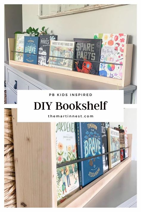 A DIY Dupe of the Pottery Barn Kids bookshelf. Create the look for less.  #diyhomedecor #diyprojects #diydupe #pottterybarnkids #budgethomedecor #diybookshelf #playroomdecor #kidsroominspo Diy Bookshelf Kids, Kids Room Bookshelves, Hanging Bookshelves, Diy Bookshelf, Small Kids Room, Floating Bookshelf, Floating Bookshelves, Pottery Barn Inspired, Bookshelf Design