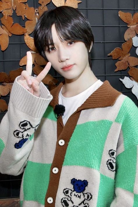 Stray Kids Fashion, Bear Cardigan, Green Checkered, Bear Jacket, Txt Beomgyu, Classic Cardigan, Best Kpop, Cardigan Fashion, Kpop Outfits