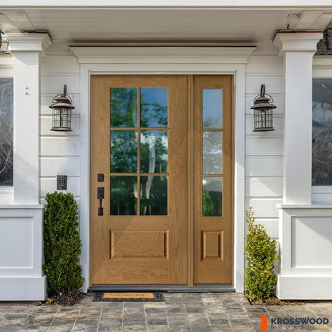 Exterior Doors Farmhouse Front Door Lighting, Cottage Style Front Doors, Exterior Doors With Sidelights, White Beach House, Front Door Lighting, Glass Exterior, Fiberglass Exterior Doors, Fiberglass Front Door, Exterior Doors With Glass