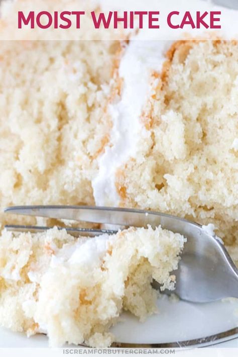 This super moist white cake recipe from scratch is the best white cake I've ever had. It's made with sour cream and has a deliciously soft texture. No more looking around for a white cake that's actually moist. It's the perfect recipe for a wedding cake or a birthday cake. 2 Layer White Cake, White Cake Recipe From Scratch, White Cake From Scratch, Moist White Cake Recipe, Cake Receipt, Best White Cake, Homemade White Cakes, Cake Recipe From Scratch, Moist White Cake