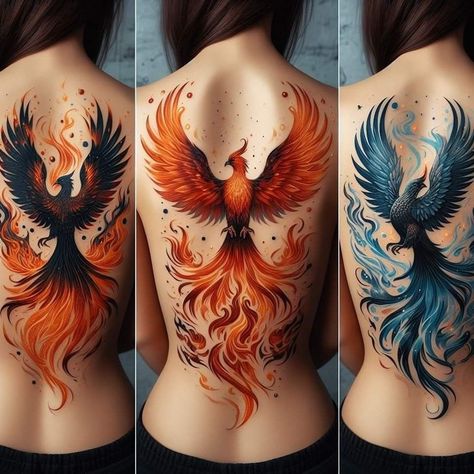 Phoenix Body Tattoo, Watercolour Phoenix Tattoo, Pheonix Tattoo For Women On Back, Back Phoenix Tattoo, Phinox Tattoo, Blue Phoenix Tattoo, Phoenix Tattoo Back, Flying Phoenix Tattoo, Most Beautiful Tattoos