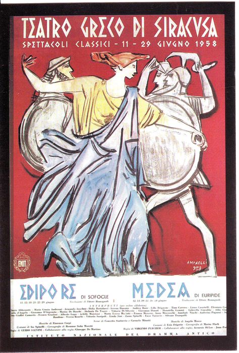 Greek Theater, Siracusa, Sicilia. Poster on Edipo re and Medea, 1958. Theater Posters, Greek Theater, Rennaissance Art, Theatre Poster, Composition Design, Arte Inspo, Art Collage Wall, Event Poster, Design History