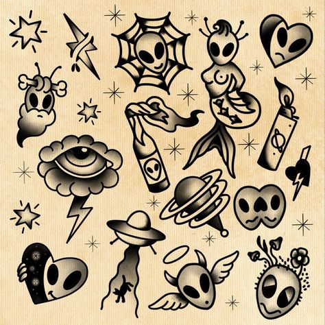 American Traditional Tattoos Space, American Traditional Space Filler, Space Filling Tattoos, Ufo Traditional Tattoo, Space Filler Tattoo Ideas, Filler Traditional Tattoo, Alien Flash Tattoo, Traditional Star Tattoo, Old American Tattoos