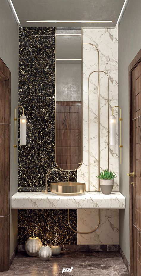 Luxury Powder Room, Classy Bathroom, Luxury Toilet, Modern Luxury Interior, Washbasin Design, Mirror Wall Living Room, Washroom Design, Basin Design, Powder Room Design