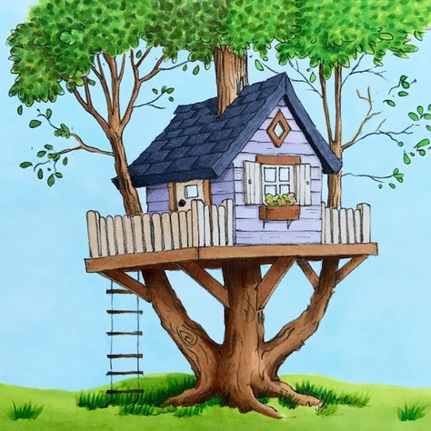 Tree House Art Drawing, Tree House Drawing Easy, Tree House Drawing Simple, Tree House Drawing For Kids, Tree House Painting, Treehouse Drawing, Tree House Illustration, Tree House Drawing, Easy Scenery Drawing