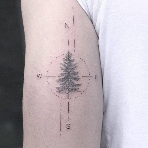 Pine tree compass tattoo on the back of the left arm. Tattoo Artist: Lindsay April Fine Line Pine Tree Tattoo, North Tattoo, Body Artwork, Tree Tattoo Meaning, Tree Tattoo Arm, Tree Tattoo Back, Tattoo Son, Tattoo Tree, Back Of Arm Tattoo