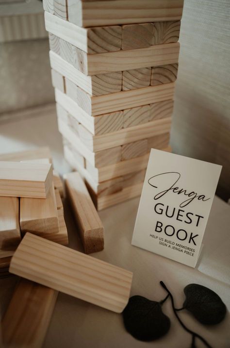 Wedding Jenga, Jenga Wedding, New Year New Beginnings, Fun Guest Book, Wedding Guest Book Ideas, Banff Wedding, Holy Matrimony, Wooden Building, Guest Book Table