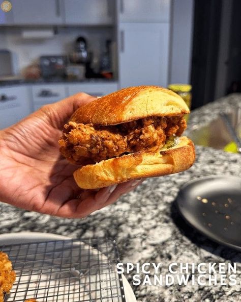 Spicy Chicken Sandwiches • deepfriedhoney Dill Pickle Slices, Southern Potato Salad, Spicy Chicken Sandwiches, Pickle Slices, Buttermilk Fried Chicken, Turnip Greens, Chicken Sandwich Recipes, Smoked Meat, Chicken Sandwiches