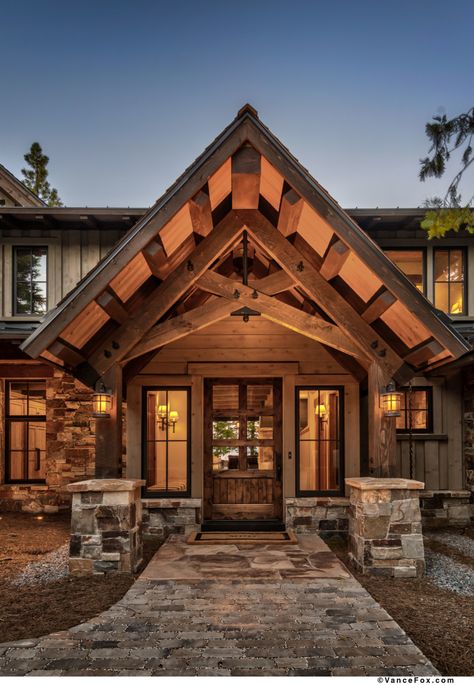 1_Heller_WestLakeBlvd35 Timber Frame Exterior, Timber Frame Porch, Timber Frame Cabin, Mountain Dream Homes, Mountain Home Exterior, House Front Porch, Cabin Exterior, House Front Door, Craftsman Style House Plans