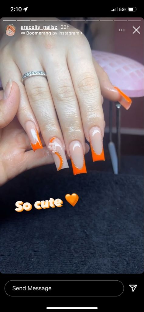 Orange Sets Nails, Orange And Silver Nails Prom, Neon Orange Acrylic Nails Short, Orange Prom Nails Short, Medium Orange Nails, Orange Medium Nails, Orange Tapered Square Nails, Nails With Orange Dress, Prom Nails Orange Dress