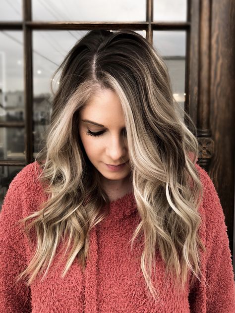 This color is a great transition for fall and winter for all blondes that want something lower maintenance. Blonde Fall Transition, Lighter Fall Hair Colors, Transition Blonde To Fall, Low Maintenance Winter Blonde, Fall Transition Hair Color Blonde, Contrast Hair Color Blondes, Transition From Blonde Back To Brunette, Baylage Hair Winter, Transition From Blonde To Brunette Balayage