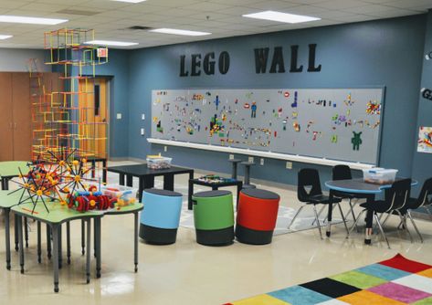 Steam Lab Classroom, Learning Lab Classroom Decor, Lego Wall Classroom, Steam Lab Decor, Robotic Classroom Design, Afterschool Program Classroom Set Up, Steam Classroom Design, Robotics Classroom Decorations, Steam Classroom Setup