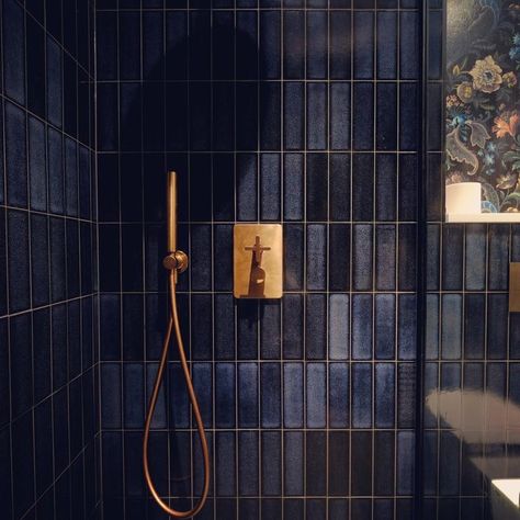 Dark Blue Tile, Blue Shower Tile, Navy Blue Tile, Dark Blue Bathrooms, Navy Bathroom, Blue Bathroom Tile, Bad Inspiration, Shower Mixer, Dream Apartment