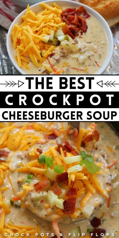 Get ready for some serious comfort food with this amazing Crockpot Cheeseburger Soup from Crock Pots And Flip Flops! It's a beloved family recipe that combines hearty beef, potatoes, crispy bacon, creamy Velveeta cheese, and velvety cream cheese for a meal that's both warm and comforting. Whether you need a quick lunch or a cozy weeknight dinner, this soup is just perfect for any occasion! Soup Toppings, Crockpot Cheeseburger, Cheeseburger Soup Crockpot, Potatoes And Bacon, Easy Crockpot Soup, Soup With Potatoes, Beef Potatoes, Bacon Cheeseburger Soup, Cheese Burger Soup Recipes