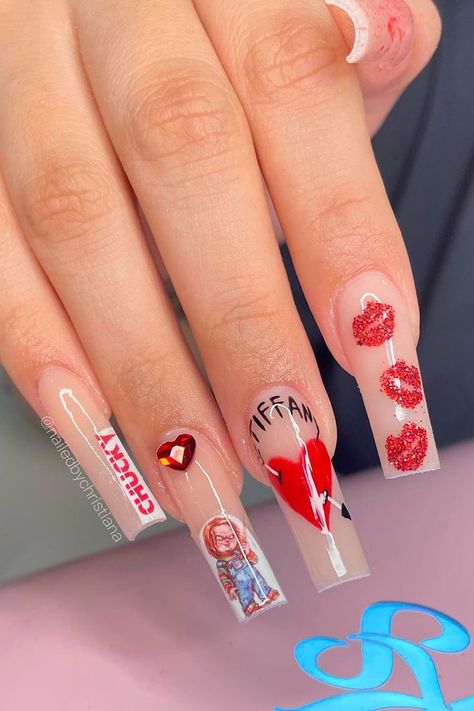 Chucky x Tiffany Valentines Nails Tiffany Valentine Nails, Tiffany Nails Design Chucky, Chucky Halloween Nails, Chucky And Tiffany Nails, Chucky Inspired Nails, Chucky Nails Acrylic, Chucky Nails, Short Acrylic Nail Ideas, Blue Diamond Nails