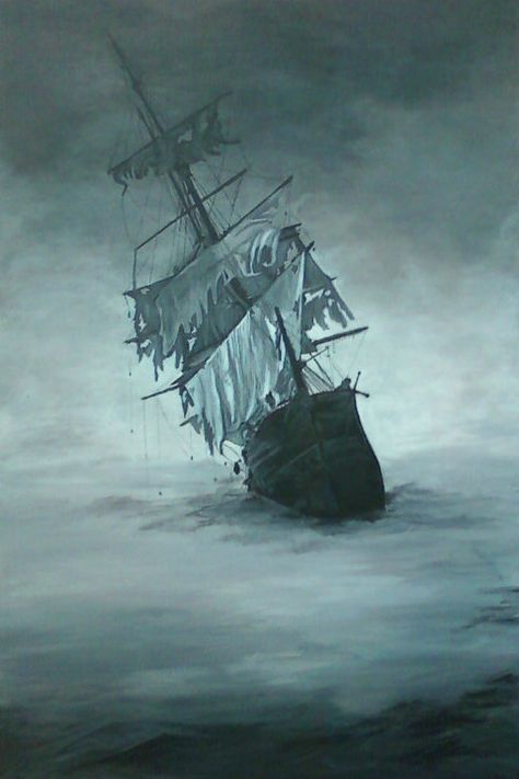 Ghost Pirate Ship Tattoo, Ghost Ship Drawing, Ship Wreck Drawing, Horizontal Drawings, Ghost Ship Tattoo, Creepy Underwater, Ships Drawing, Ghost Ship Art, Buildings Reference