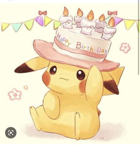 Happy Birthday Pokemon, Pokemon Birthday Card, Birthday Pikachu, Pop Culture Tattoos, Cake Hat, Culture Tattoos, Pikachu Drawing, Pokemon Painting, Pokemon Sketch