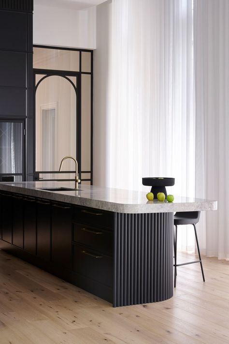 Black Fluted Kitchen Island, Panelled Kitchen Island, Bold Aesthetic, Homes Interior, Island Bench, New House - Kitchen, Flute Glass, Black Kitchen, House Kitchen