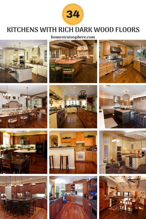 34 Kitchens with Rich Dark Wood Floors.  #kitchen #kitchenideas #darkwoodfloor #flooring #home Dark Wood Kitchen Floors, Dark Wood Floors Kitchen, Kitchens With Dark Wood Floors, Vinyl Plank Flooring Kitchen, Wood Floors Kitchen, Tigerwood Flooring, Dark Kitchen Floors, Dark Oak Cabinets, Dark Brown Floor