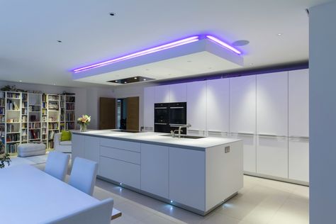 An interesting feature of this kitchen is the individually designed suspended ceiling above the island, which almost hides the extractor and at the same time houses the down lights that illuminate the work surface. Kitchen by bulthaup Winchester. Converted Barn Homes, Bulthaup Kitchen, Kitchen Ceiling Design, Kitchen Extractor, Home Depot Kitchen, Mobile Kitchen Island, Kitchen Ventilation, Extractor Fan, Open Plan Kitchen Living Room