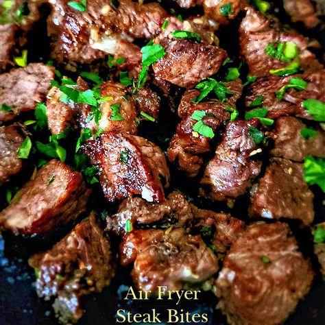 Air fryer steak bites have an appetizing caramelized crust, juicy tender interior, and are prepared in the air fryer in under 10 minutes. Stake Bites Air Fryer, Air Fryer Steak Bites, Elk Steak, Daily Yum, Air Fryer Steak, Garlic Butter Sauce, Steak Bites, Stew Meat, Ribeye Steak