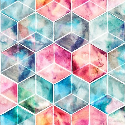 Translucent Watercolor Hexagon Cubes by micklyn Earth And Sky, Cube Pattern, Pastel Pattern, Abstract Texture, Hexagon Pattern, Watercolor Inspiration, Watercolor Texture, School Art, Watercolor Art Prints